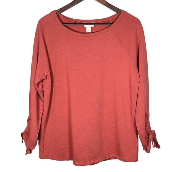 Loft Outlet Lounge Pullover Sweater Top Size M Red Crewneck Raglan‎ Ruched Cuffs - Picture 1 of 12